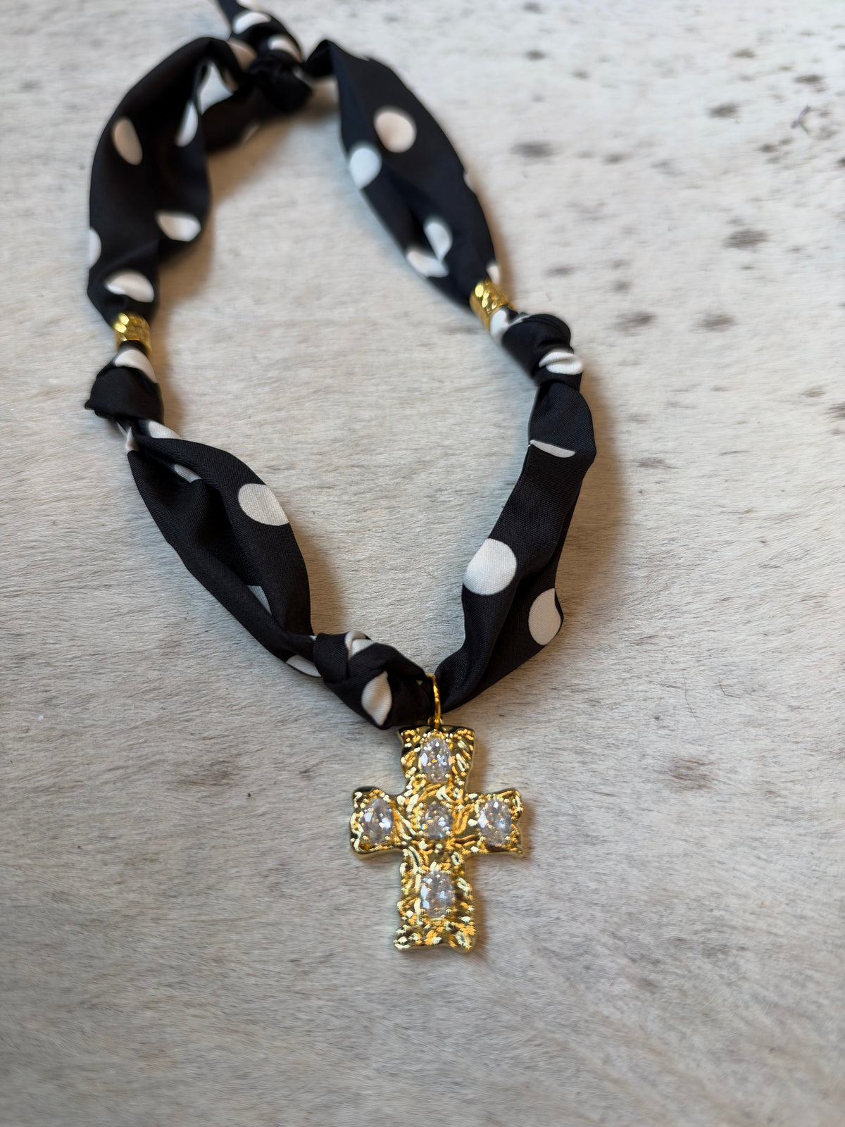 Black Polka with Cross Scarf Necklace
