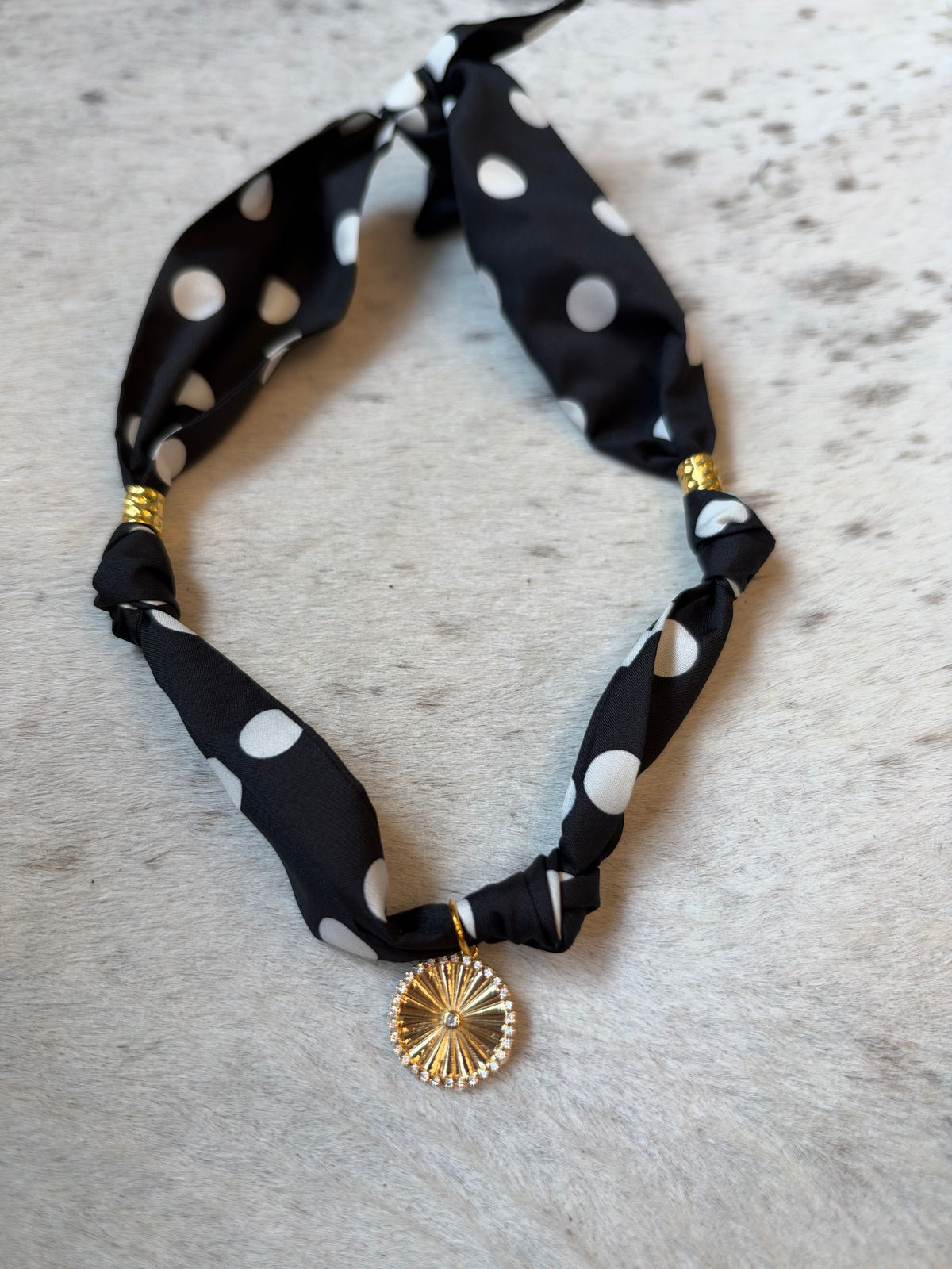 Black Polka with Circle Pendant Scarf Necklace