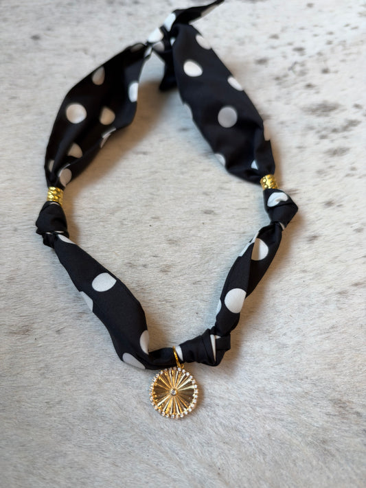 Black Polka with Circle Pendant Scarf Necklace
