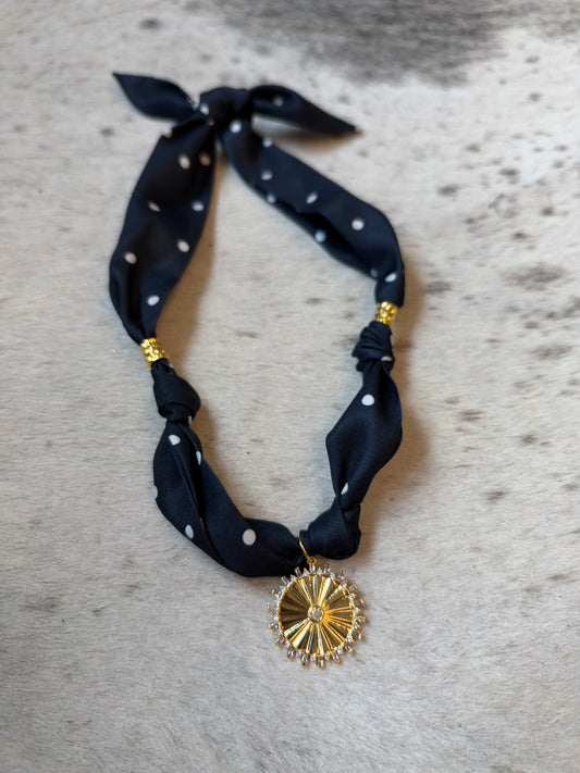 Navy Polka Circle Pendant Scarf Necklace