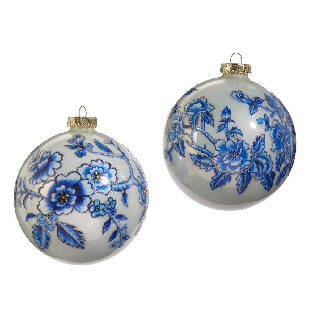 Blue Floral Ball Ornament - 5"