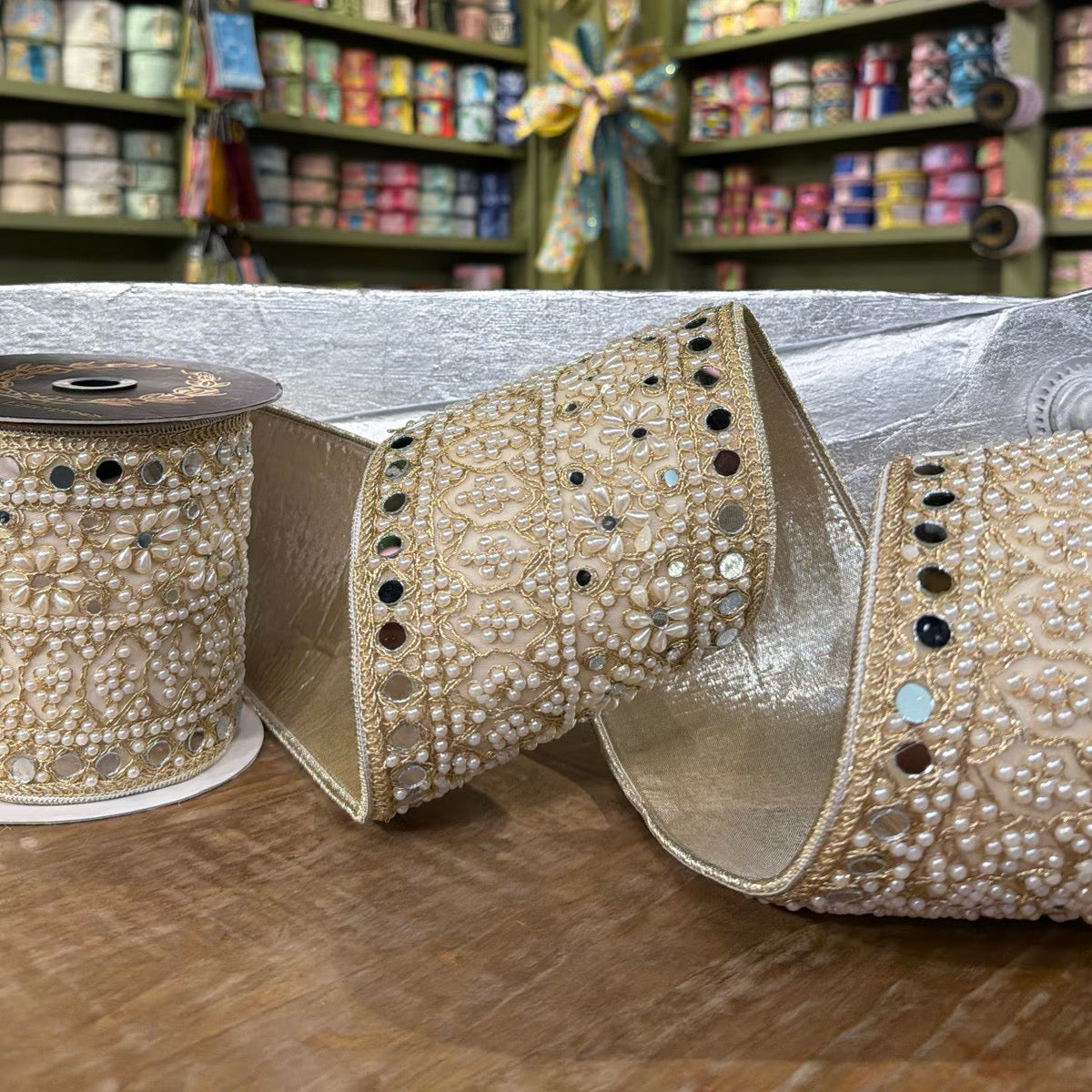 John Mark - Jeweled Pearl Mirror Trim Metallic Dupion Gold