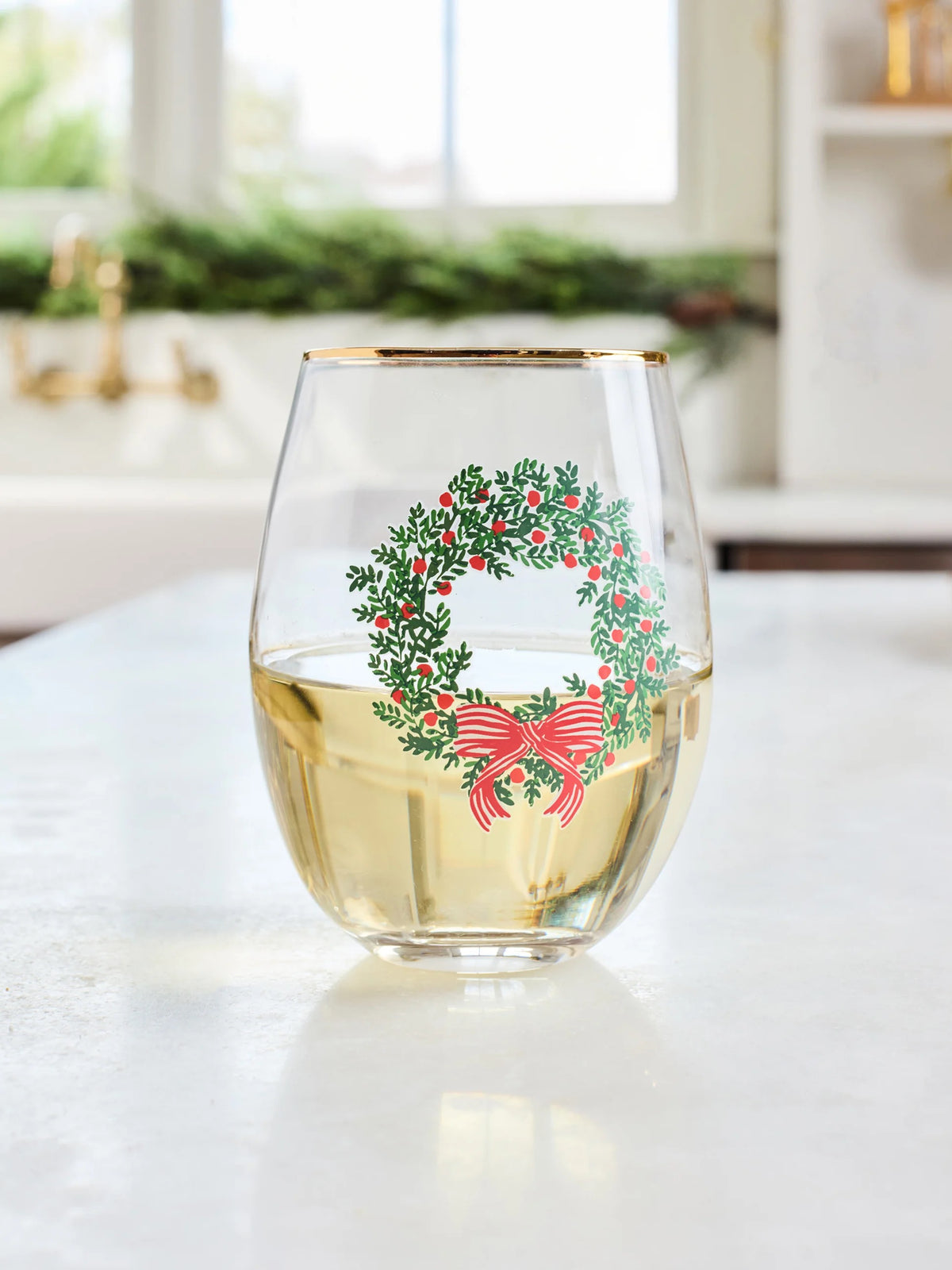 Stemless Wine Glass- Wreath and Ribbon