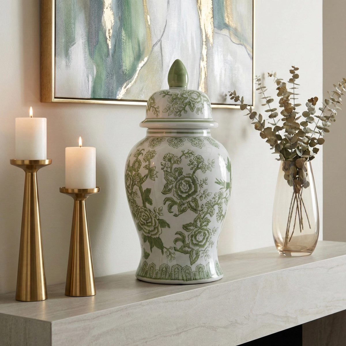 14in Green/White Bird & Flower Chinoiserie Jar