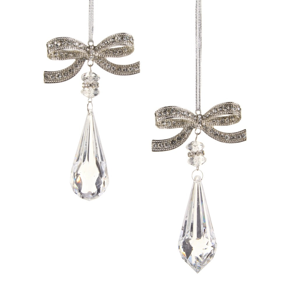 Jeweled Bow with Crystal Drop Ornament- 4.5"