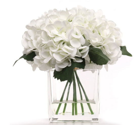 10" White Hydrangea Flowers in Glass Vase with Water Look
