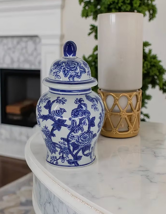11" Blue Ceramic Chinoiserie Jar