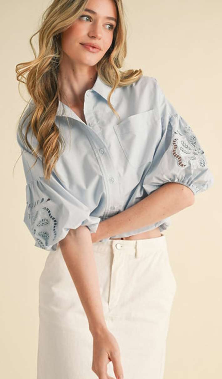 Cut Out Embroidered Bubble Sleeve Top