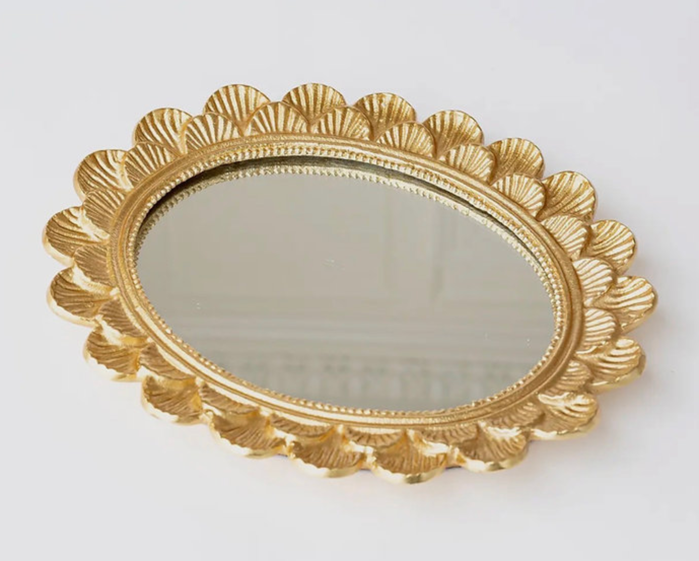 Gold Scalloped Oval Mirrored Vanity Tray