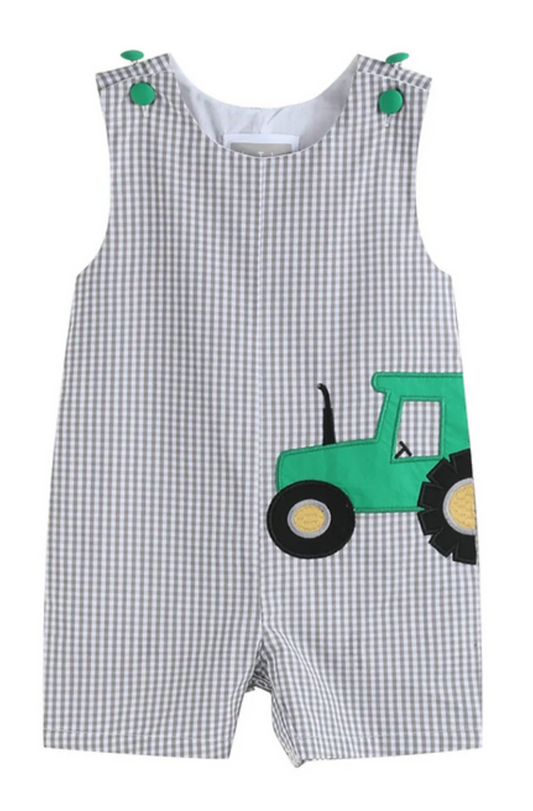 Gray Gingham Green Tractor Appliqué JonJon