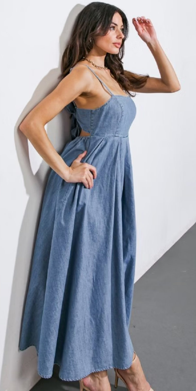 Denim Tie-Back Midi Dress