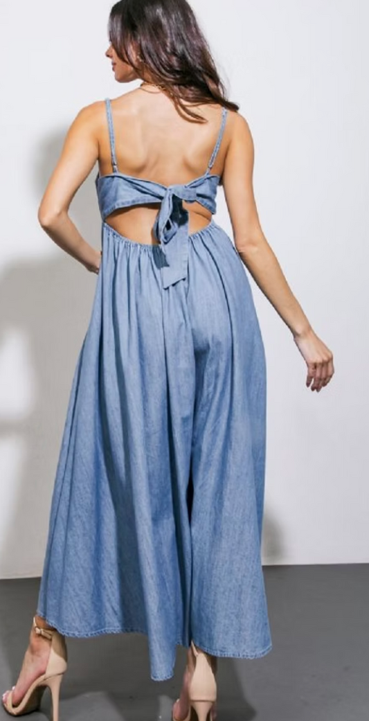 Denim Tie-Back Midi Dress