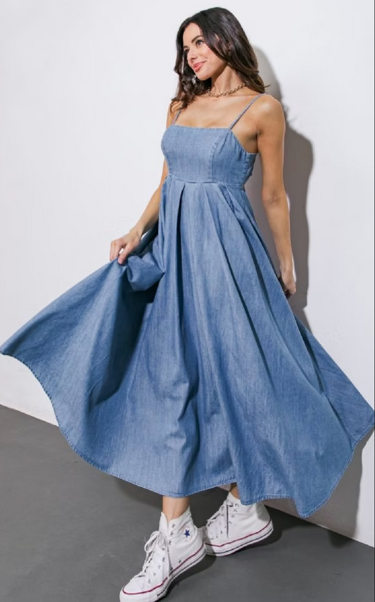 Denim Tie-Back Midi Dress