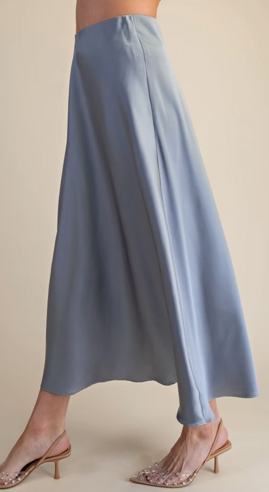 Dusty Blue Satin Midi Skirt