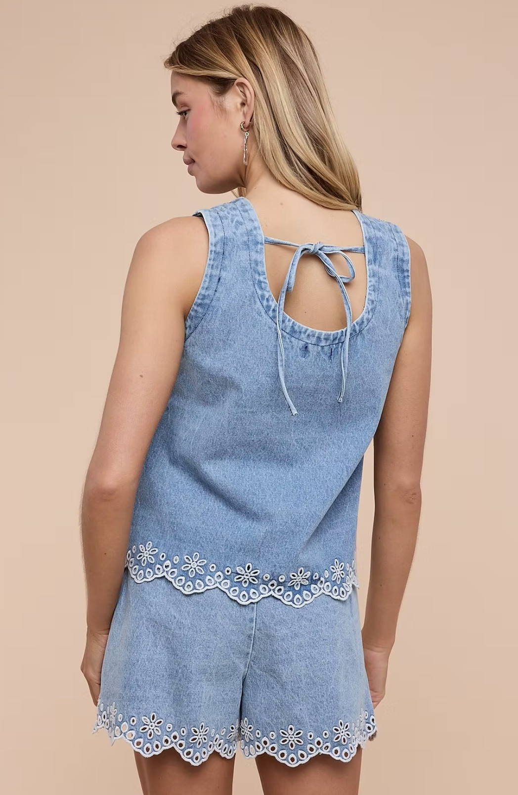 Embroidered Denim Sleeveless Top & Shorts Set