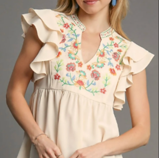 Embroidered Ruffle Sleeve Blouse - Plus
