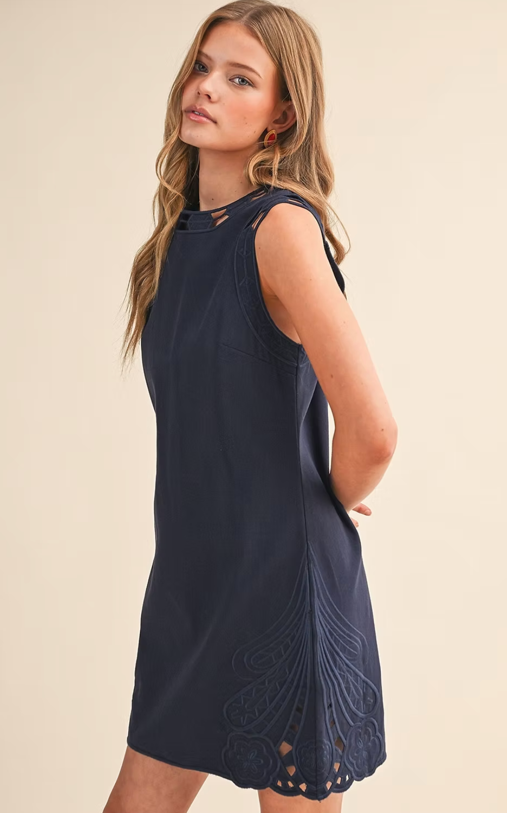 Embroidered Shift Dress with Cut-Outs