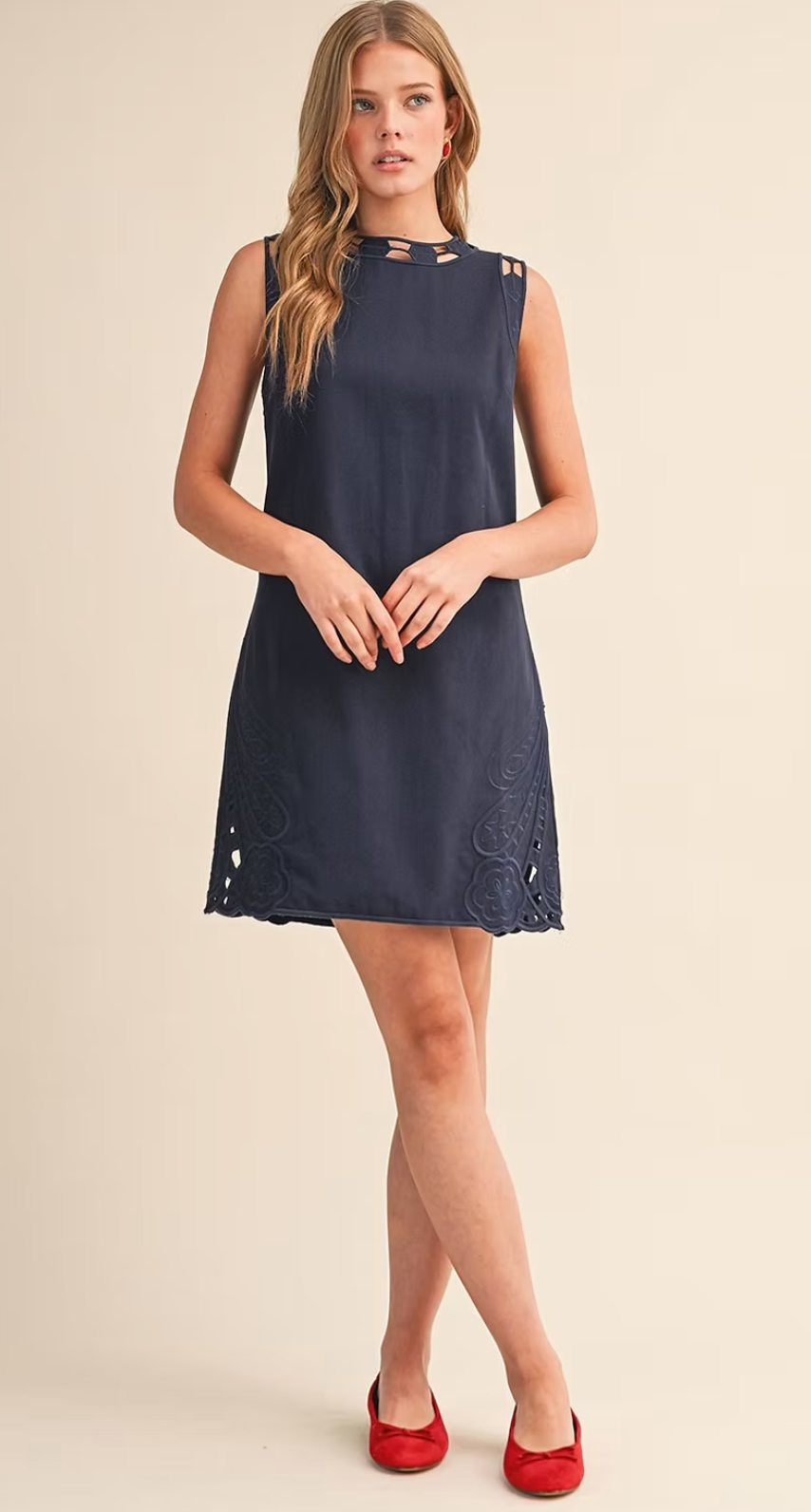 Embroidered Shift Dress with Cut-Outs