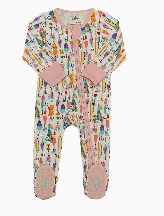 Fishing Bait Bamboo Zipper Footie Pajamas