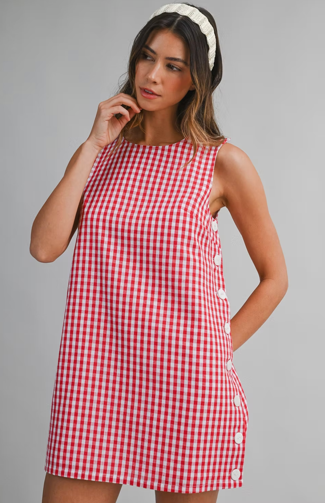 Gingham Sleeveless Side Button Mini Dress