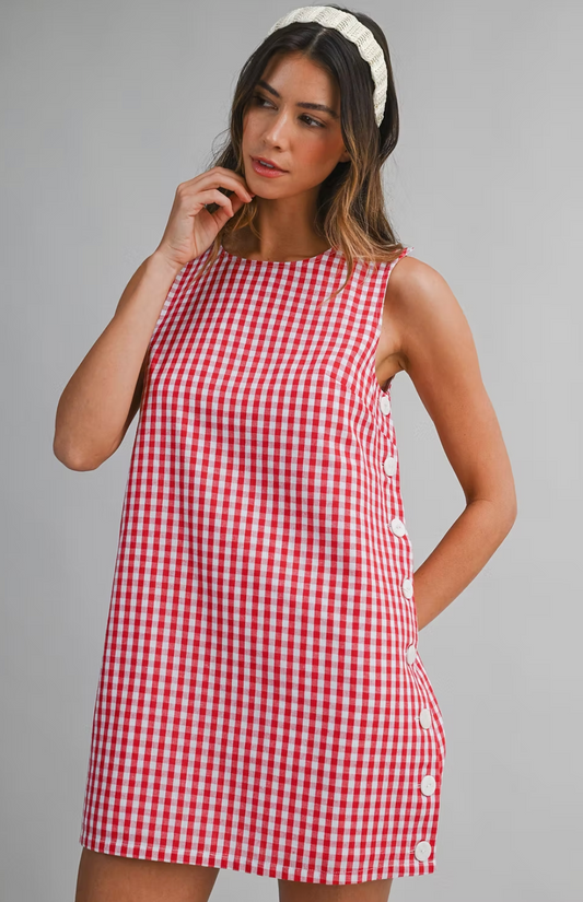 Gingham Sleeveless Side Button Mini Dress