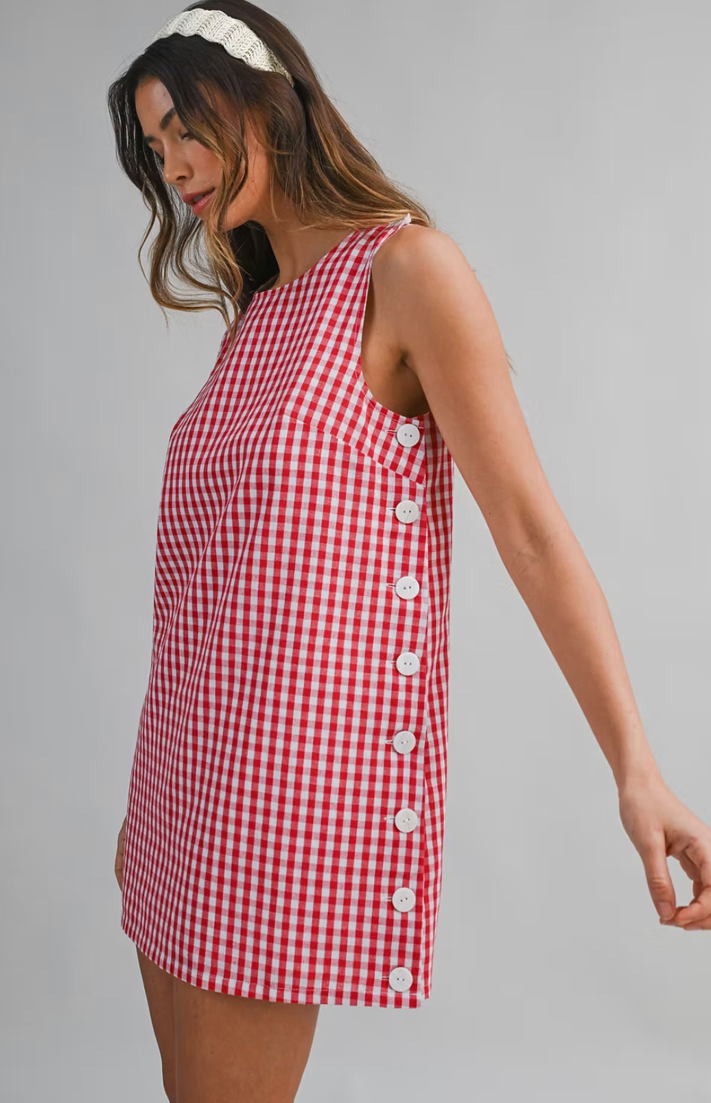 Gingham Sleeveless Side Button Mini Dress
