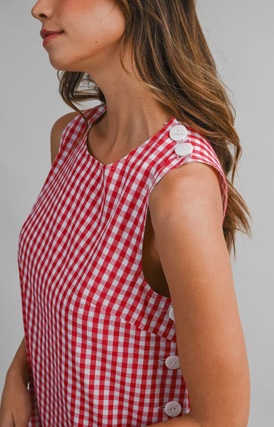 Gingham Sleeveless Side Button Mini Dress