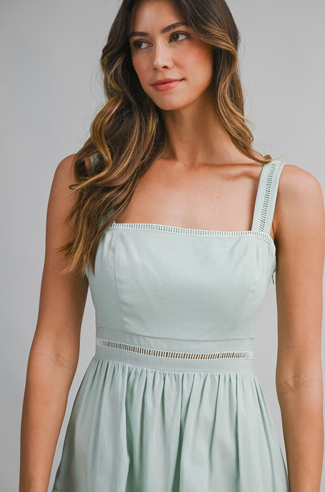 Linen Mix Square Neck Ladder Trim Midi Dress