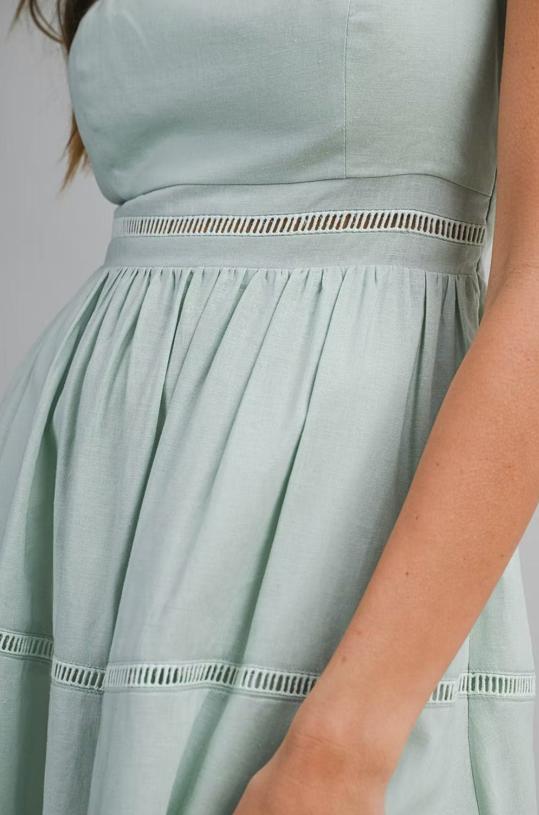Linen Mix Square Neck Ladder Trim Midi Dress