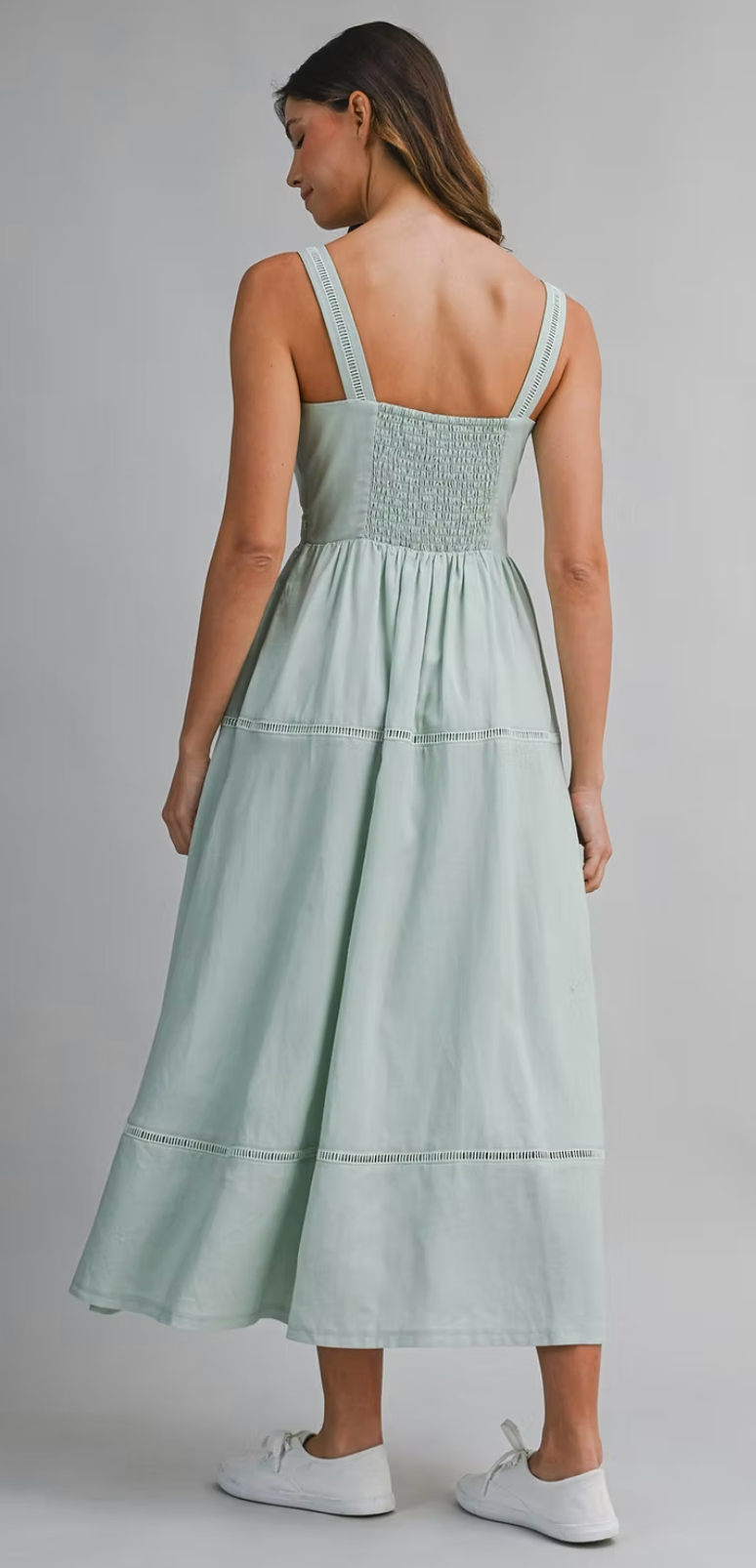 Linen Mix Square Neck Ladder Trim Midi Dress