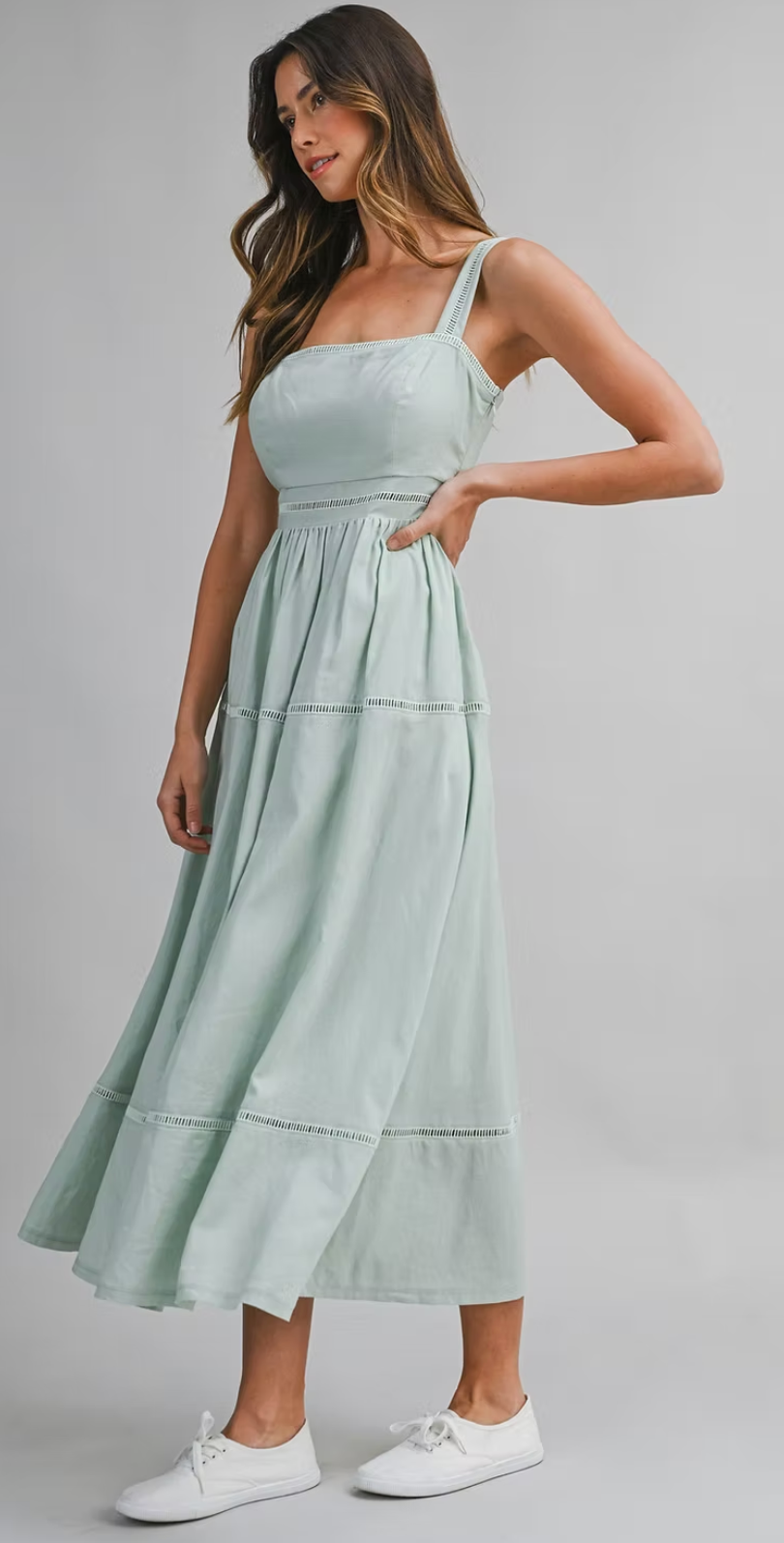 Linen Mix Square Neck Ladder Trim Midi Dress
