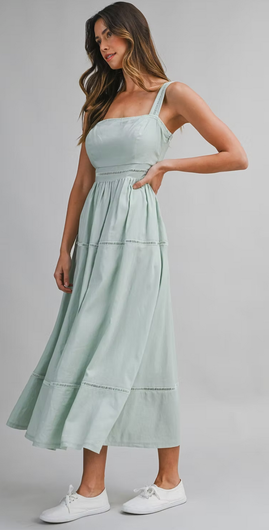 Linen Mix Square Neck Ladder Trim Midi Dress