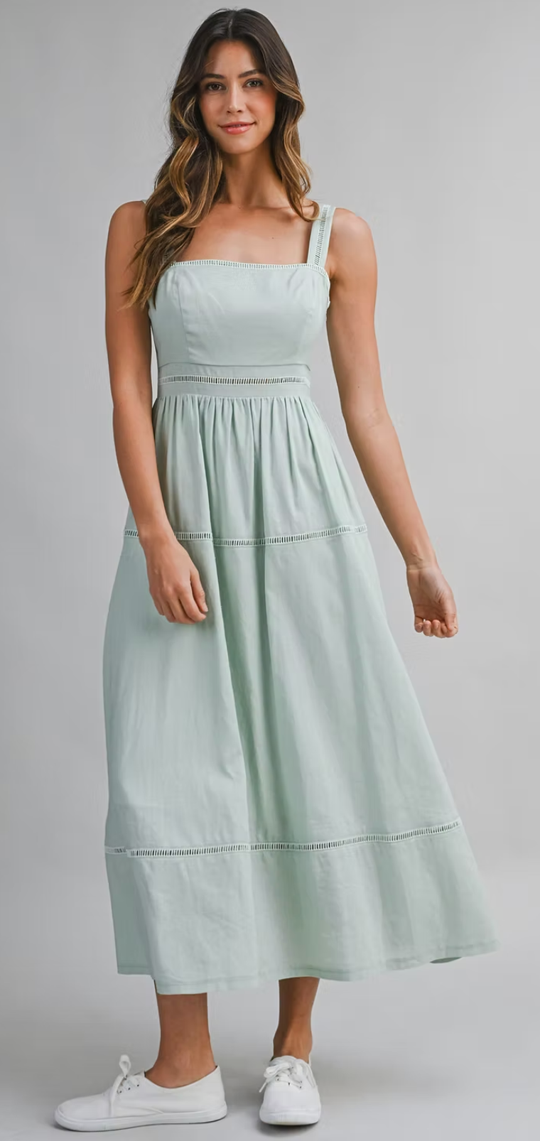 Linen Mix Square Neck Ladder Trim Midi Dress