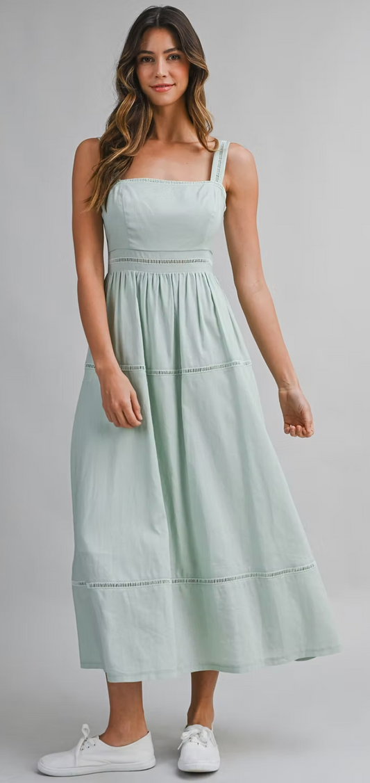 Linen Mix Square Neck Ladder Trim Midi Dress