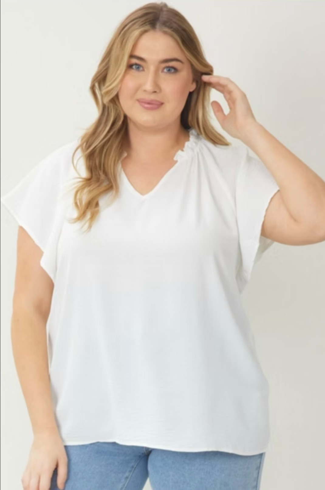 Solid V-Neck Flutter Sleeve Top - Plus