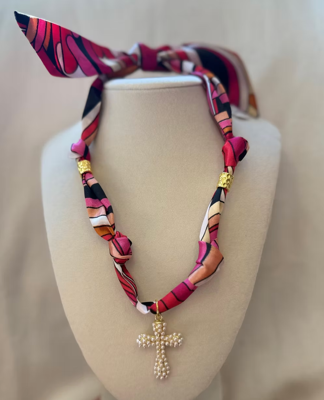 Scarf Necklace with Pearl Cross