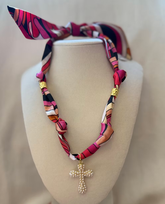 Scarf Necklace with Pearl Cross