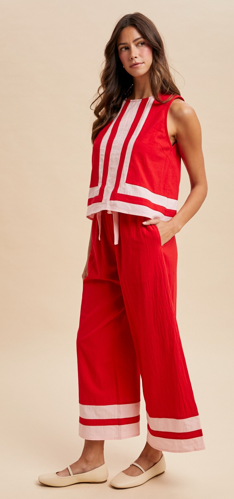 Red & Pink Trim Pant Set