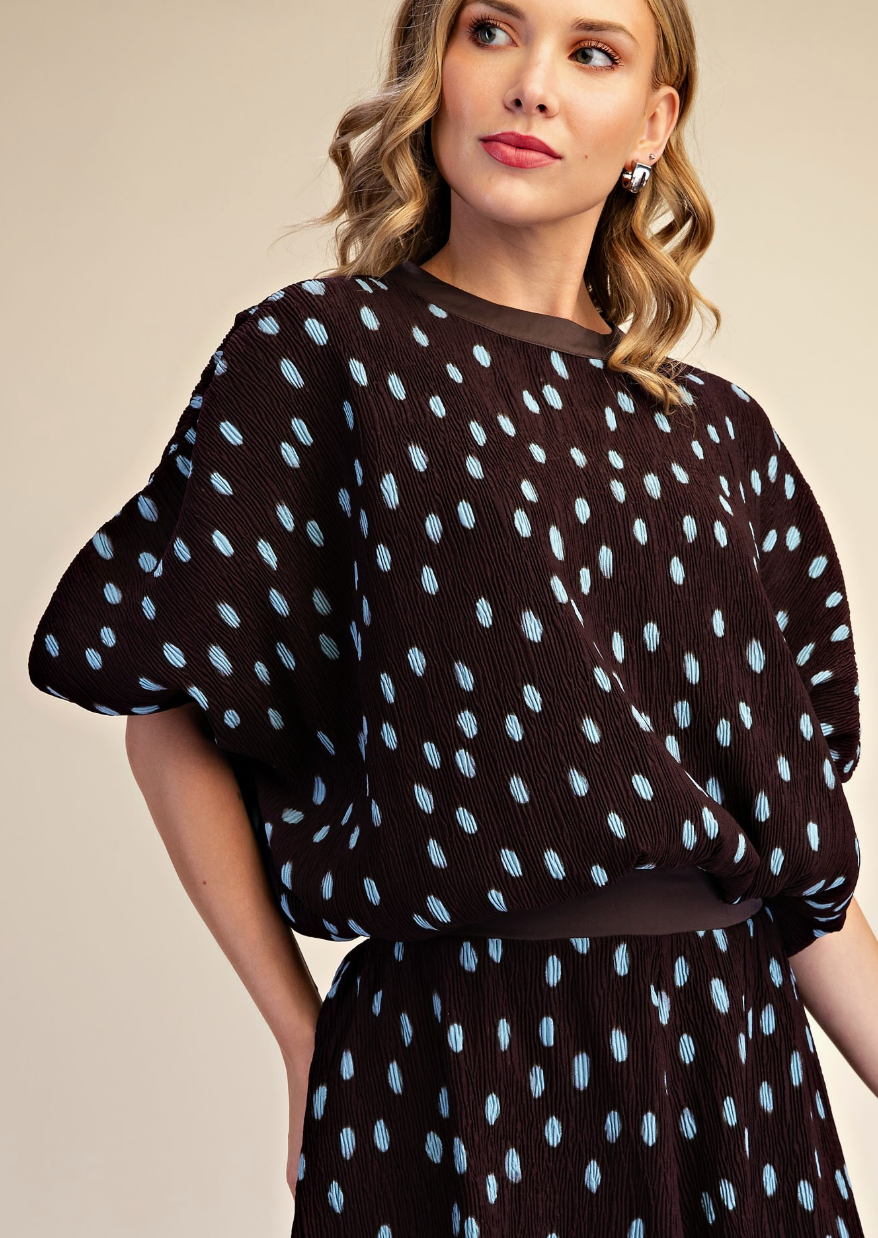 Brown Polka Dot Pleated Set