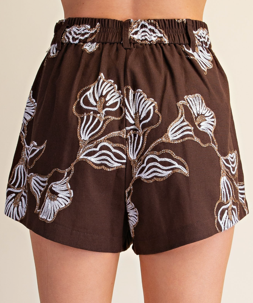 Chocolate Bloom Embroidered Shorts Set