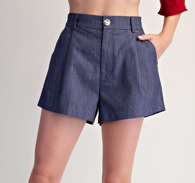 High Waist Pleat Shorts - Indigo
