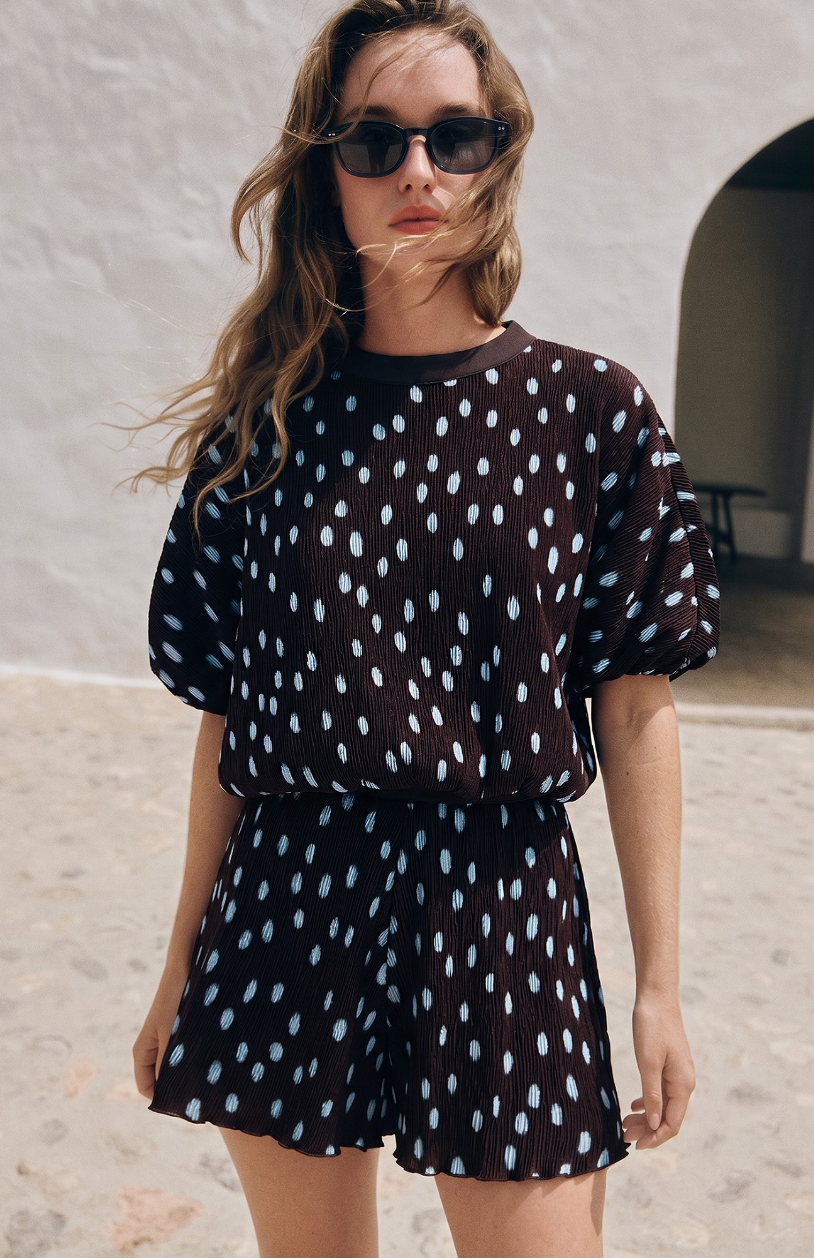 Brown Polka Dot Pleated Set