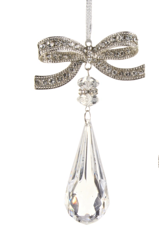 Jeweled Bow with Crystal Drop Ornament- 4.5"