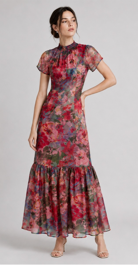 Floral Organza Tie Neck Dress