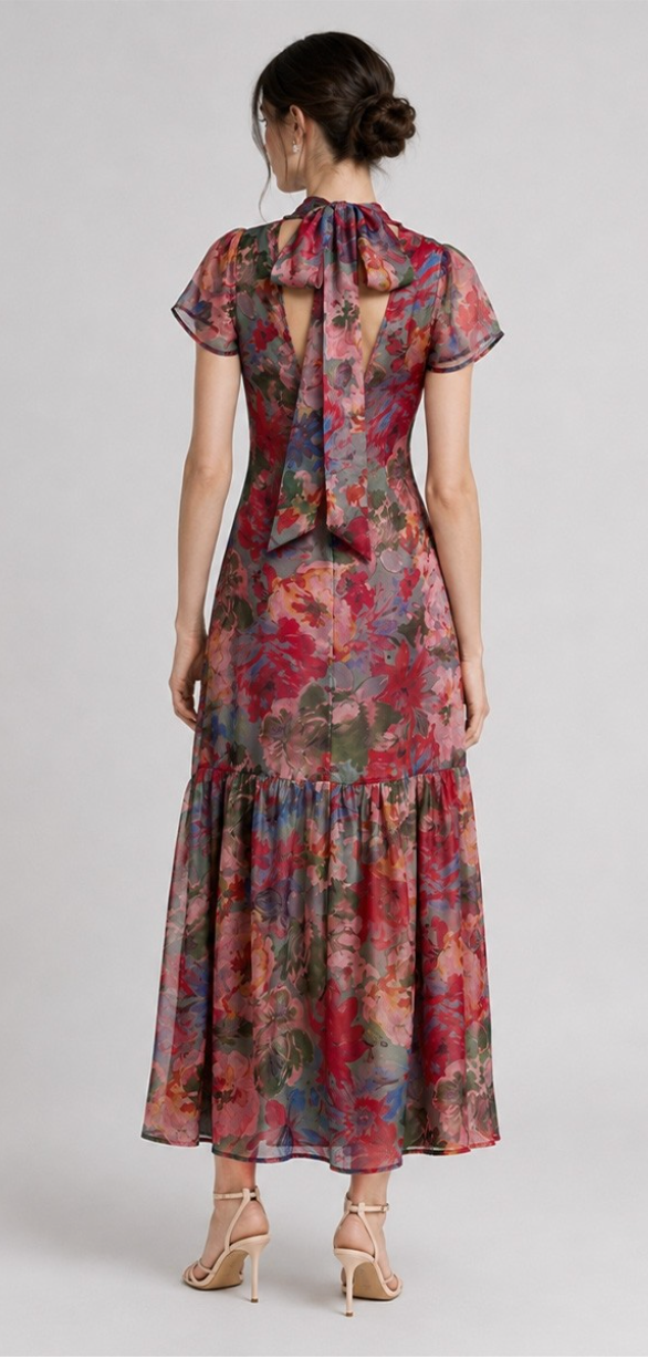 Floral Organza Tie Neck Dress