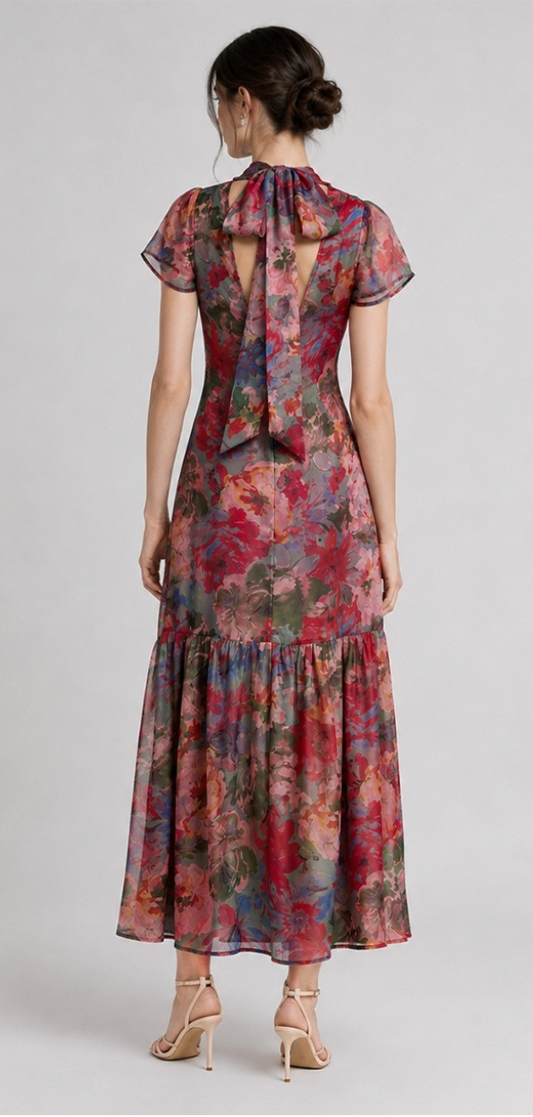 Floral Organza Tie Neck Dress