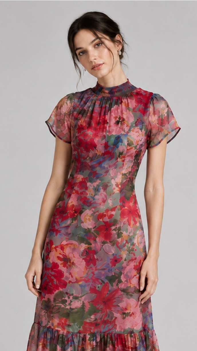 Floral Organza Tie Neck Dress