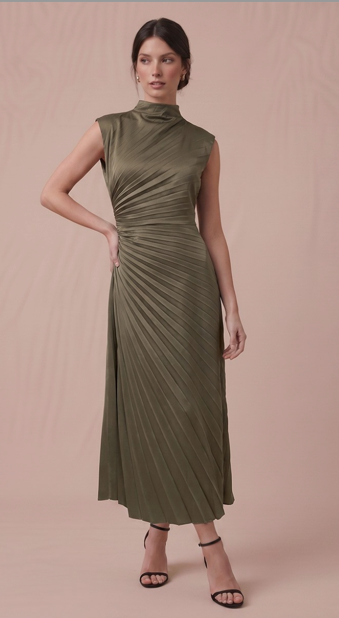Olive Pleated Mock Neck Midi Dress