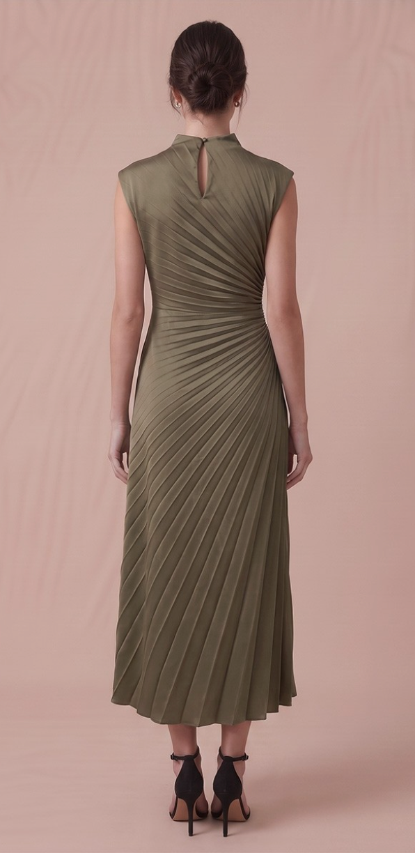 Olive Pleated Mock Neck Midi Dress