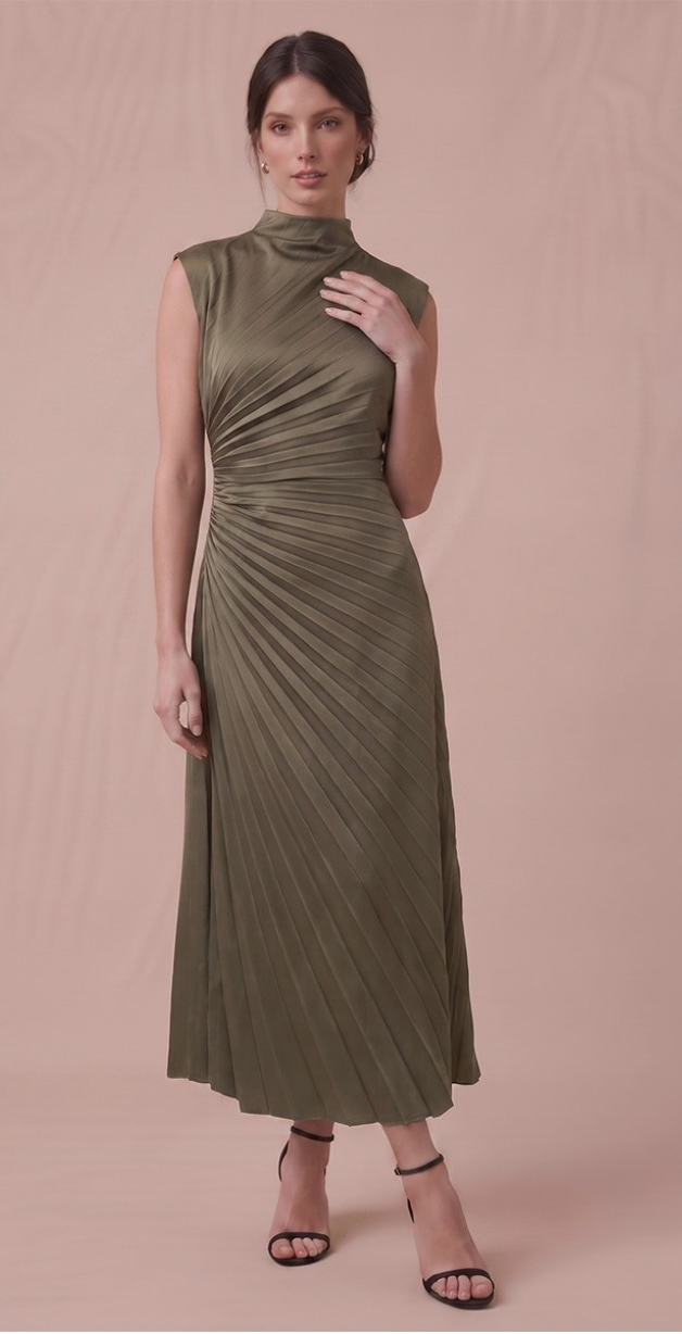 Olive Pleated Mock Neck Midi Dress